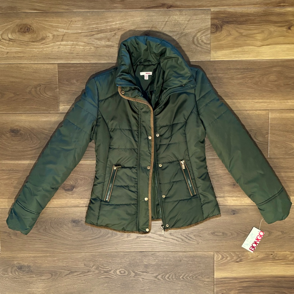 New! BONGO Army Green Coat - Brown Suede Trim - Small